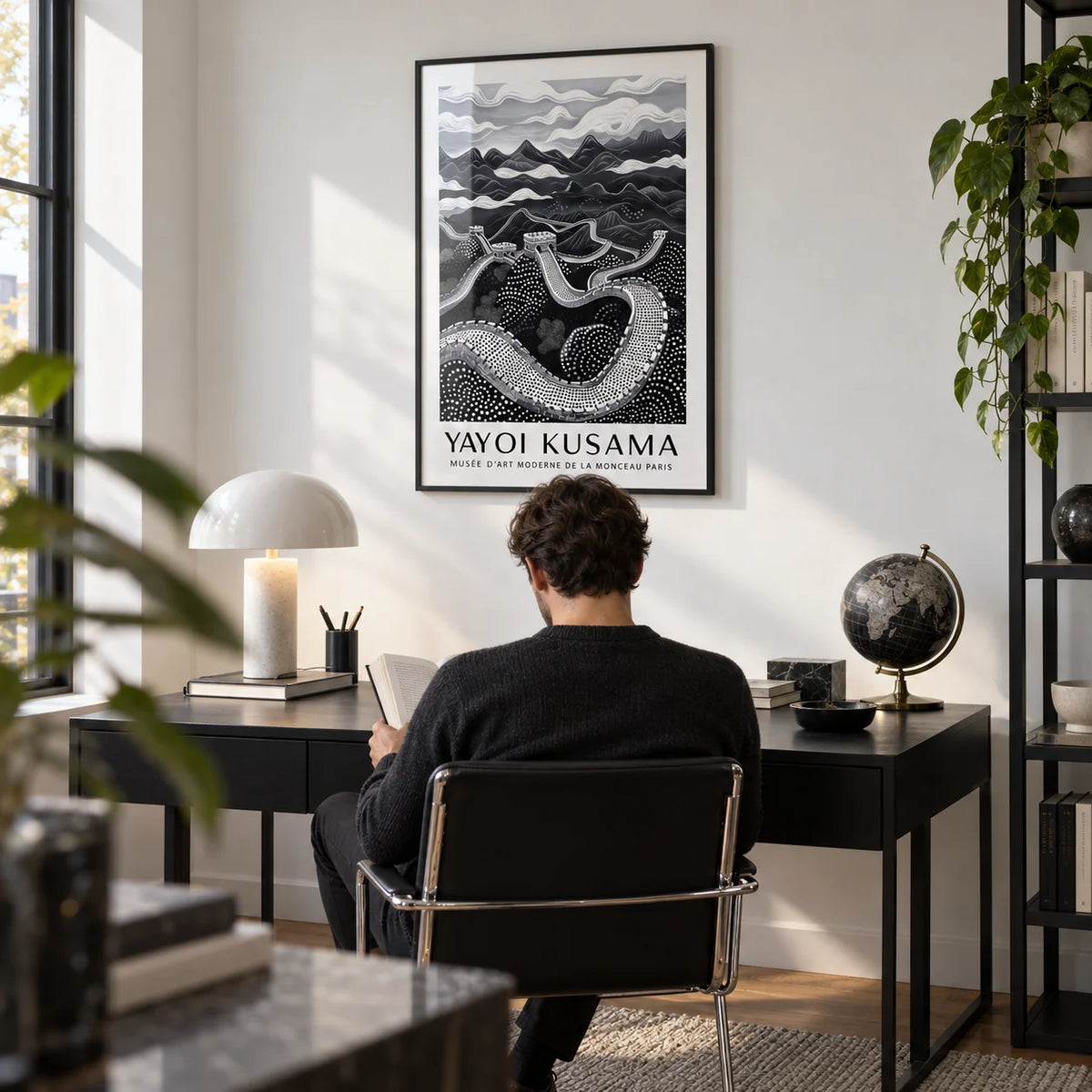 Chinese Wall Art, framed on the wall of a modern home study with a white wall
