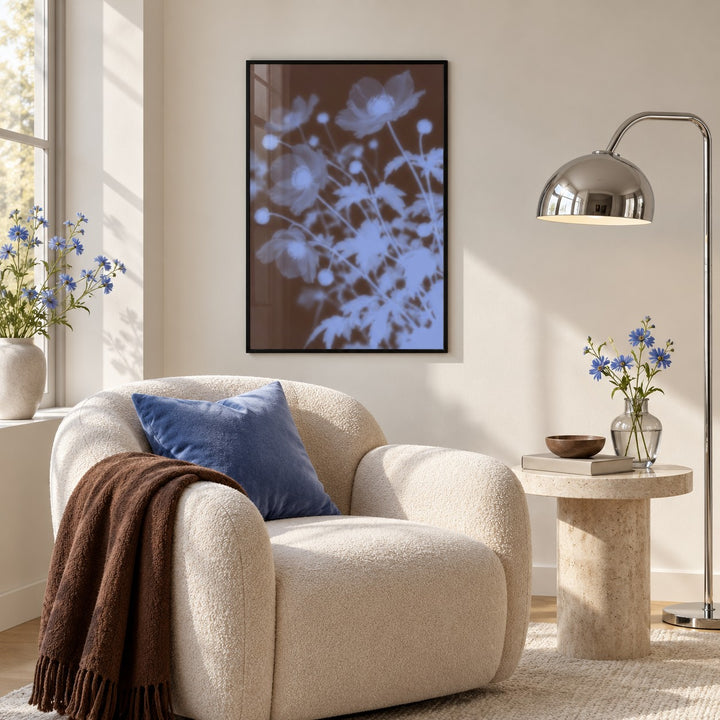 Chocolate Anemone Print styled in a reading corner (frame not included)