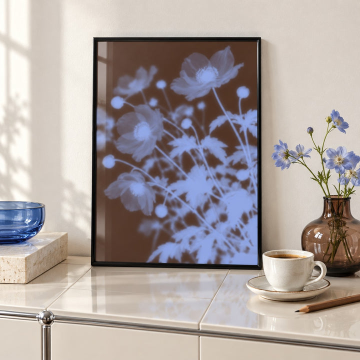 Chocolate Anemone Print shown close up on a sideboard (frame not included)