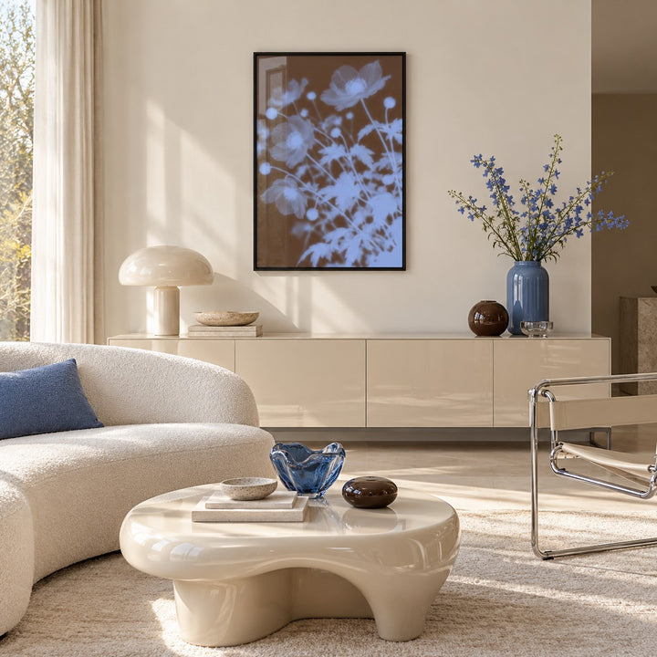 Chocolate Anemone Print styled in a living room (frame not included)