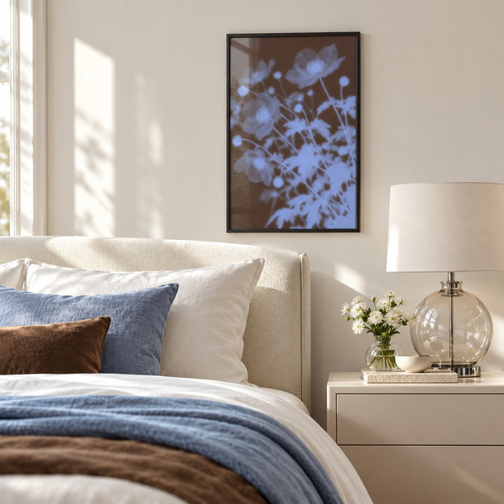 Chocolate Anemone Print styled in a bedroom (frame not included)