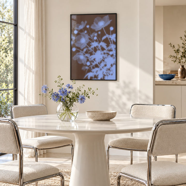 Chocolate Anemone Print styled in a dining room (frame not included)