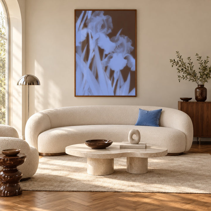 Chocolate Iris Print styled in a living room (frame not included)