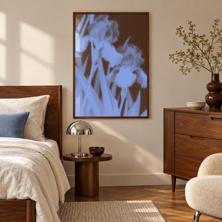 Chocolate Iris Print styled in a bedroom (frame not included)