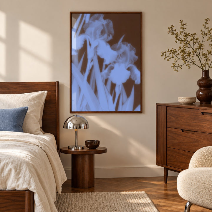 Chocolate Iris Print styled in a bedroom (frame not included)