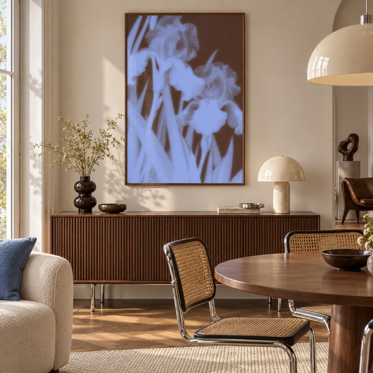 Chocolate Iris Print styled in a dining room (frame not included)