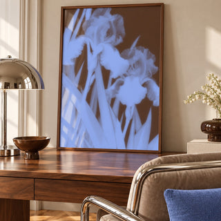 Chocolate Iris Print styled in a home office (frame not included)