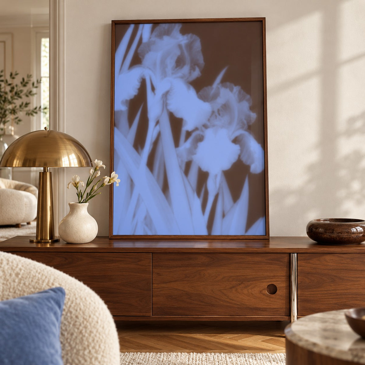 Chocolate Iris Print shown close up on a sideboard (frame not included)