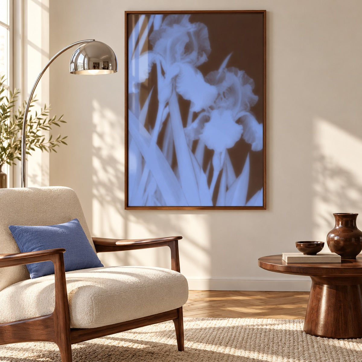 Chocolate Iris Print styled in a reading corner (frame not included)