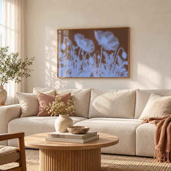 Chocolate Poppy Print styled in a living room (frame not included)