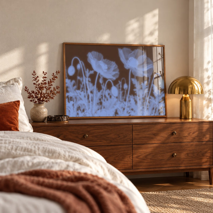 Chocolate Poppy Print styled in a bedroom (frame not included)