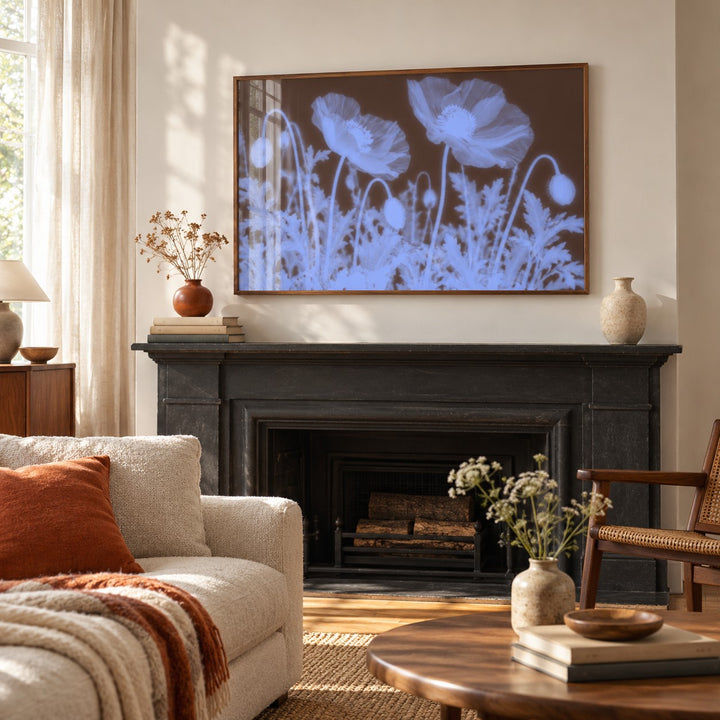 Chocolate Poppy Print styled on a mantelpiece (frame not included)