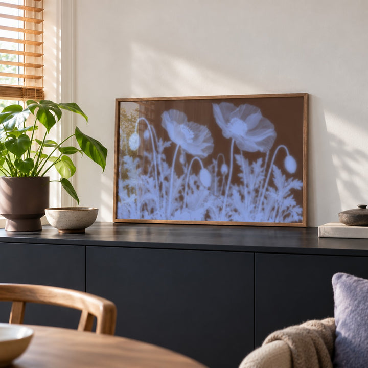 Chocolate Poppy Print styled on a black sideboard (frame not included)