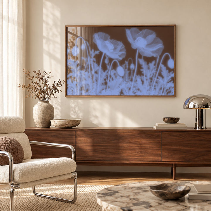 Chocolate Poppy Print styled above a sideboard (frame not included)
