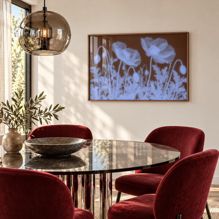 Chocolate Poppy Print styled in a dining room (frame not included)