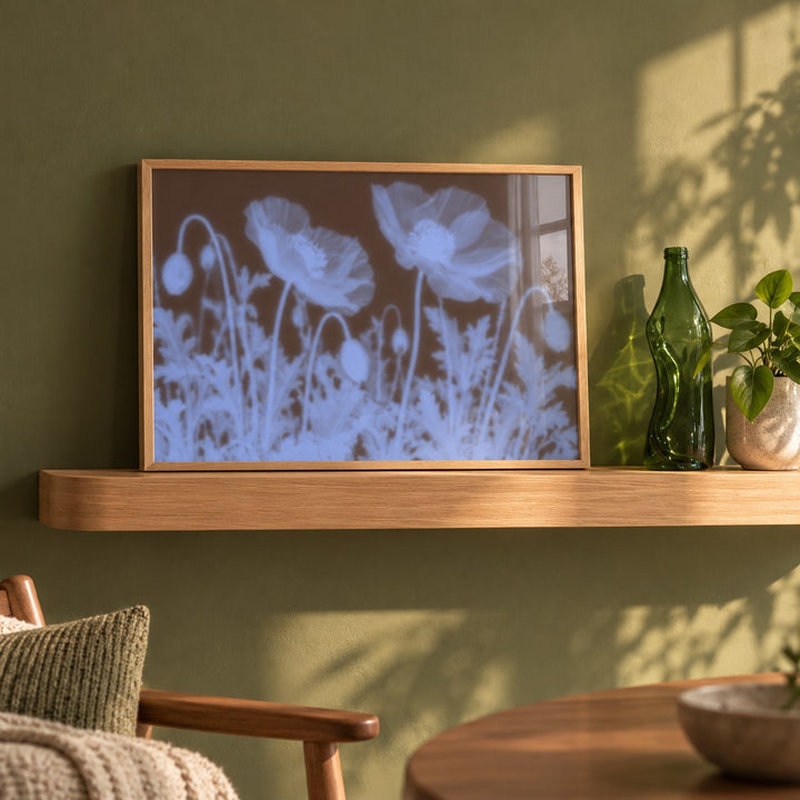 Chocolate Poppy Print styled on a shelf against a green wall (frame not included)