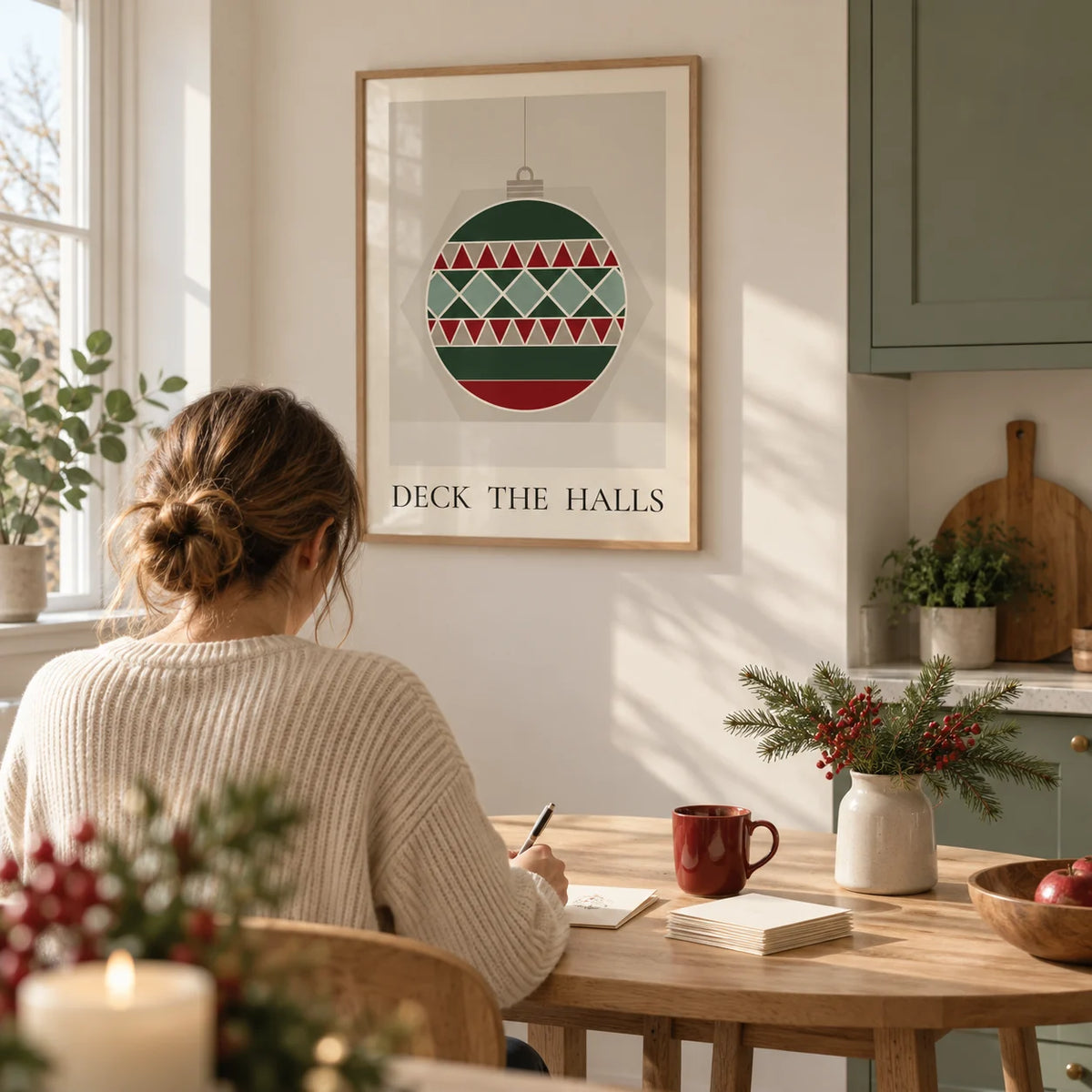 Christmas Bauble Print, framed on the wall of a bright modern kitchen with plain sage green cabinets and a warm white wall