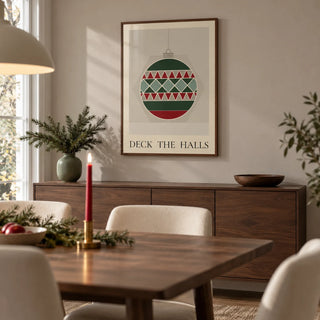 Christmas Bauble Print, framed on the wall of a contemporary dining room with a pale taupe wall and a walnut dining table