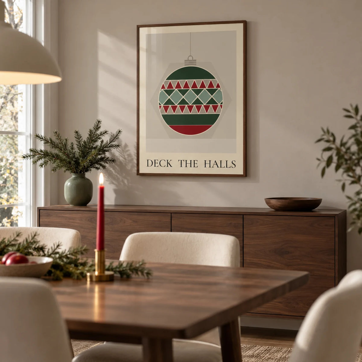 Christmas Bauble Print, framed on the wall of a contemporary dining room with a pale taupe wall and a walnut dining table