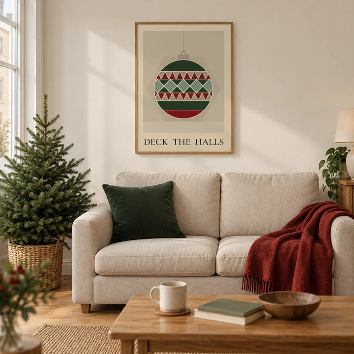 Christmas Bauble Print, framed on the wall of a modern living room in a UK terraced home with warm white walls and oak floorboards