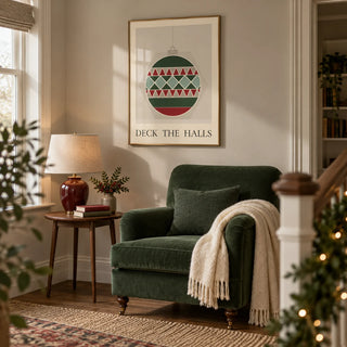 Christmas Bauble Print, framed on the wall of a quiet reading corner on a spacious landing in a UK family home with a pale taupe wall in a living room