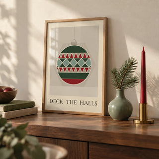 Christmas Bauble Print, a small A4 framed print leaning on a walnut shelf in a living room