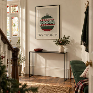 Christmas Bauble Print, framed on the wall of a welcoming entrance hall in a Victorian terrace with cream walls and original wooden floorboards