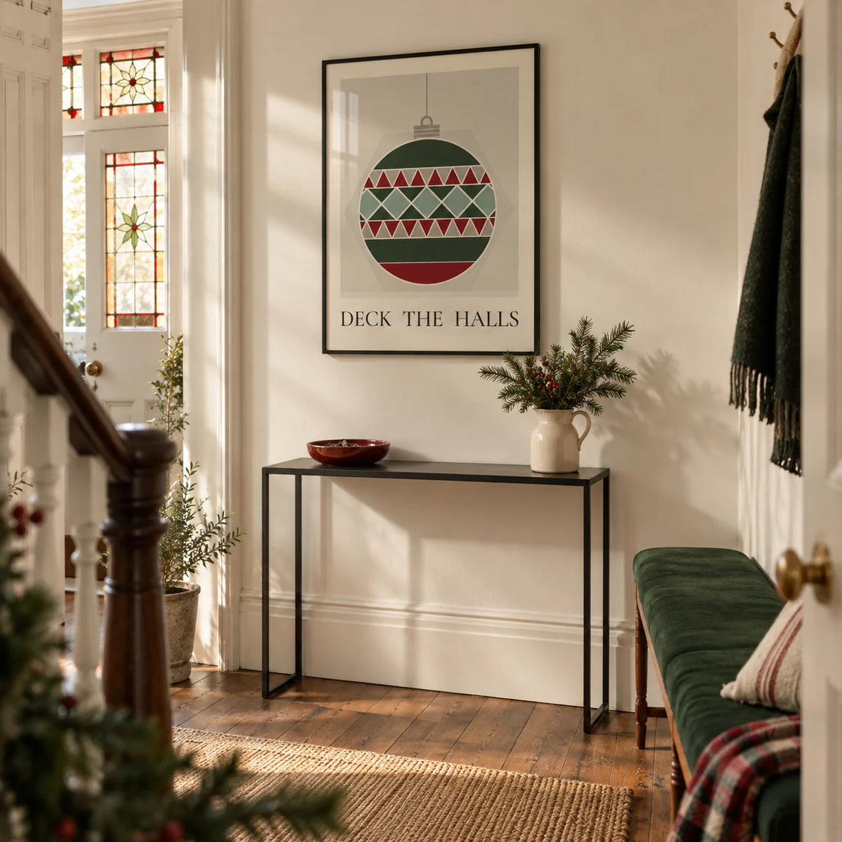 Christmas Bauble Print, framed on the wall of a welcoming entrance hall in a Victorian terrace with cream walls and original wooden floorboards
