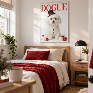 Christmas Shih Tzu Poster, framed on the wall of a bright single bedroom for a young adult dog lover (18-25) in a UK family home with a soft white wall