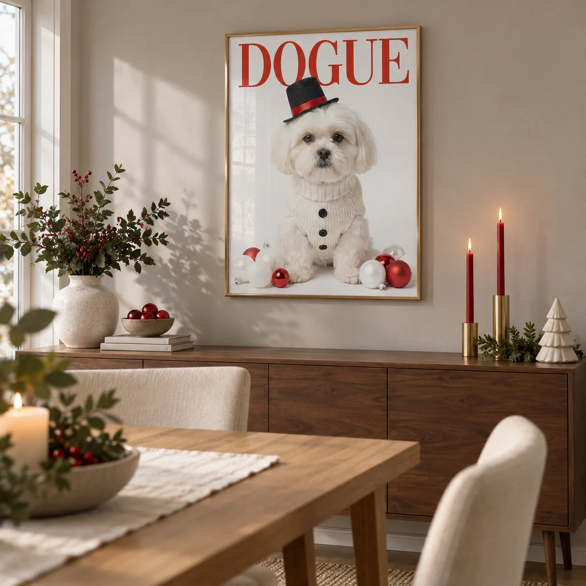Christmas Shih Tzu Poster, framed on the wall of a contemporary dining room in a UK home with a pale warm grey wall