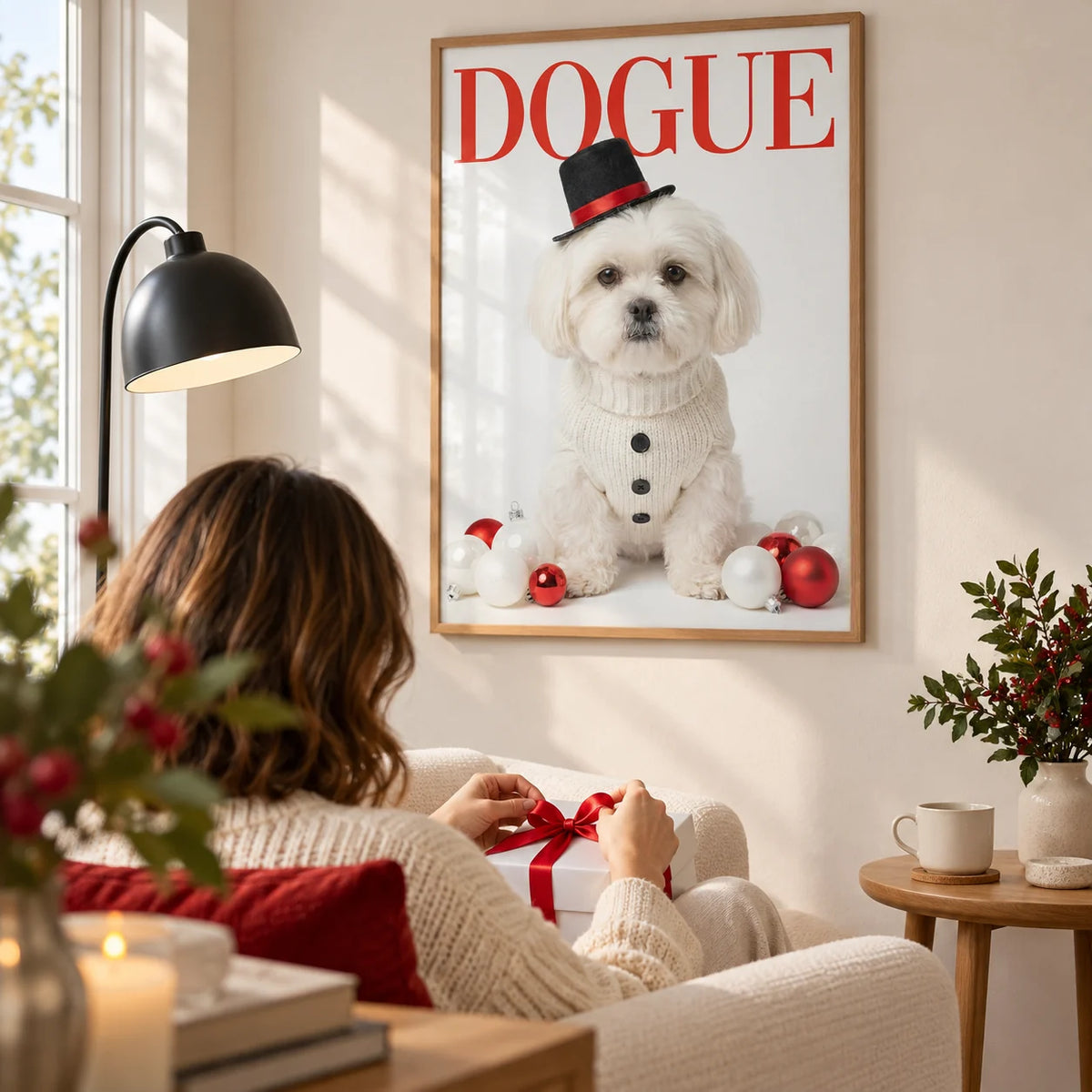 Christmas Shih Tzu Poster, framed on the wall of a cosy modern reading corner in a UK home with a warm white wall in a living room