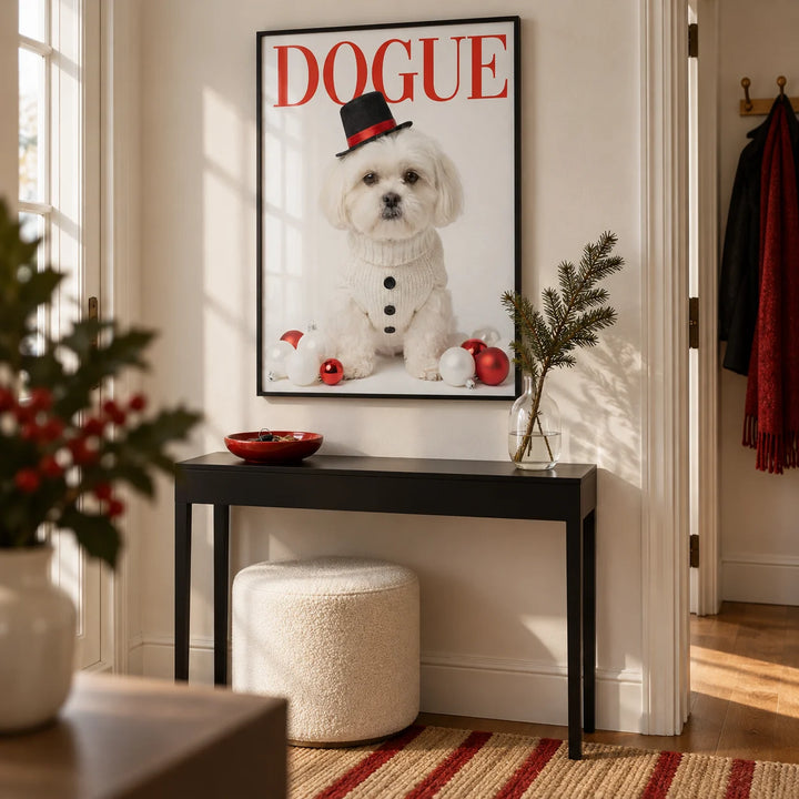Christmas Shih Tzu Poster, framed on the wall of a crisp hallway in a British first flat for a dog lover (22-28)