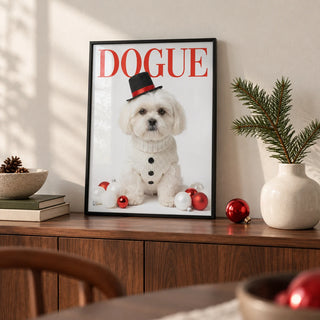Christmas Shih Tzu Poster, a small A4 framed print leaning on a walnut sideboard in a living room