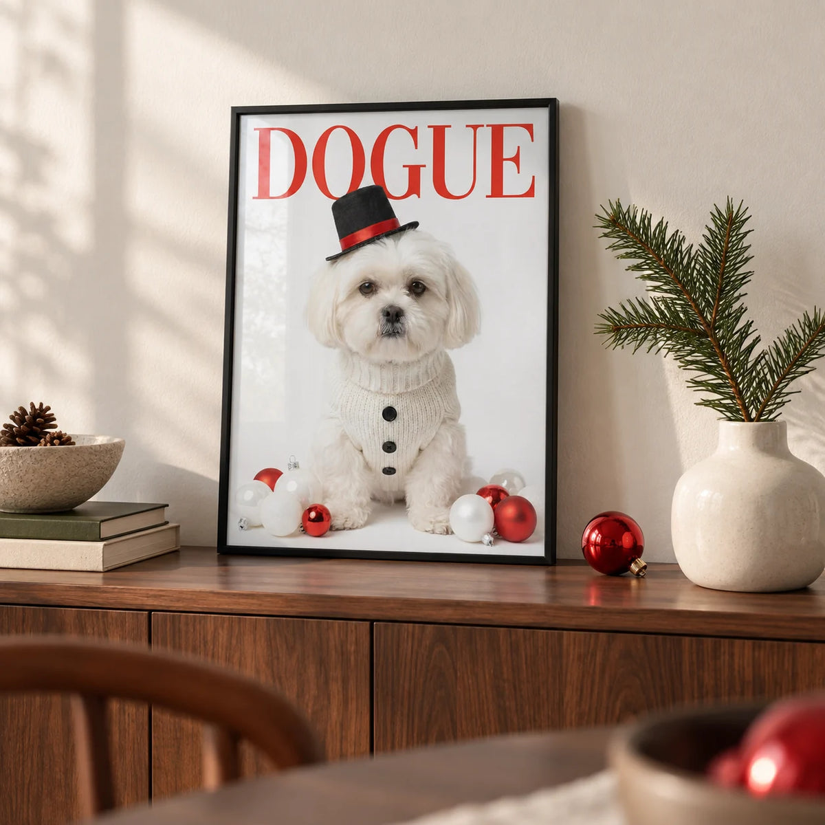 Christmas Shih Tzu Poster, a small A4 framed print leaning on a walnut sideboard in a living room