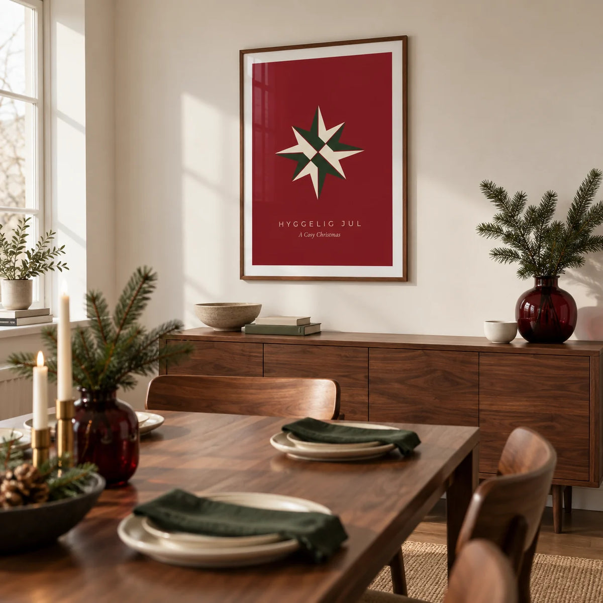 Christmas Star Print, framed on the wall of a crisp modern dining room in a UK family home with a cream wall and walnut furniture