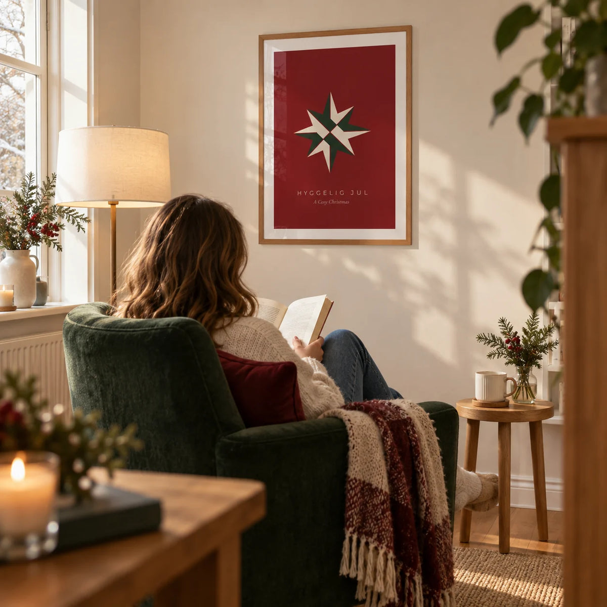 Christmas Star Print, framed on the wall of a winter reading corner in a UK first home with a cream wall and an oak floor in a living room