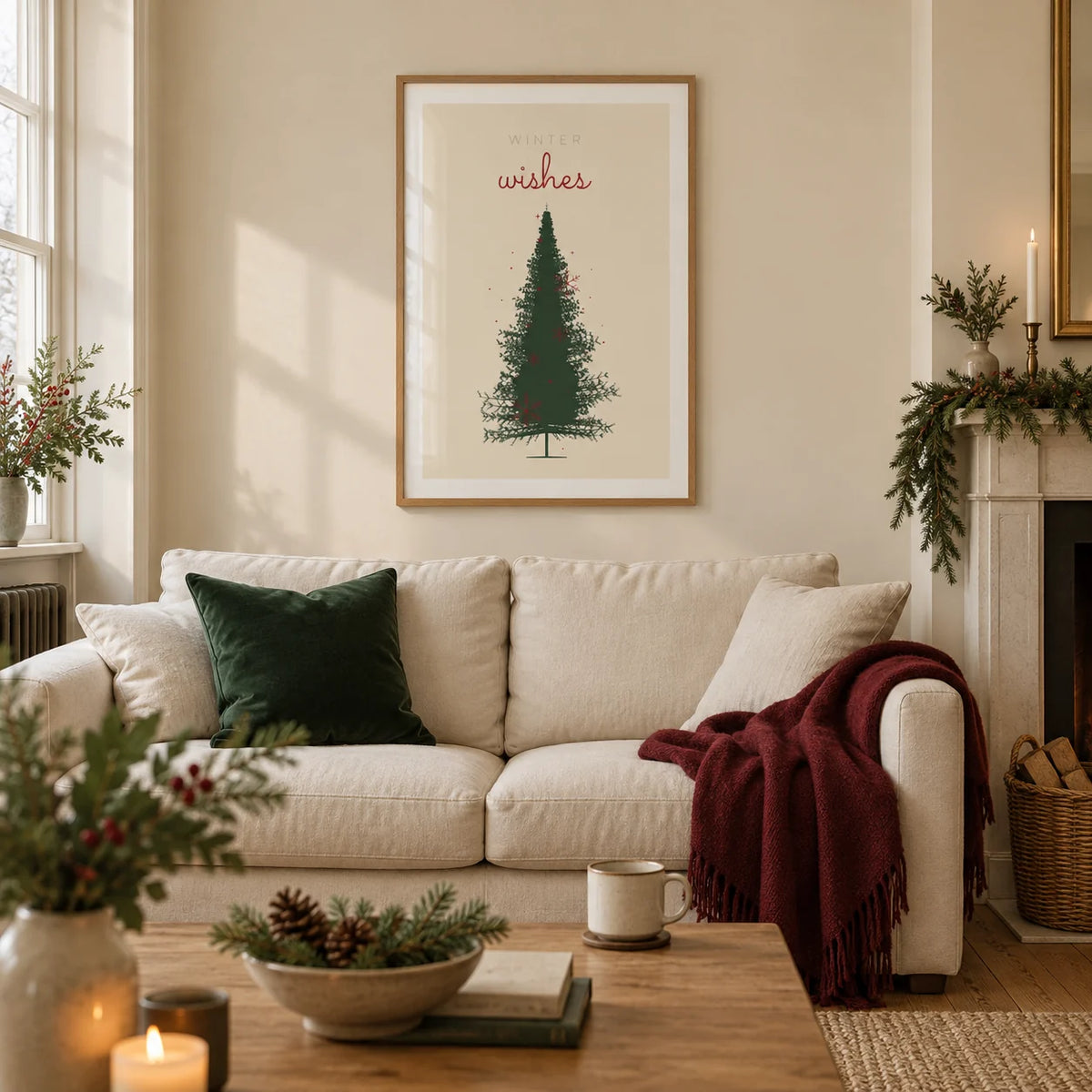 Christmas Tree Print, framed on the wall of a cosy living room in a British terraced house with warm cream walls and an oak floor