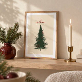 Christmas Tree Print, a small A4 framed print leaning on a pale oak shelf in a living room