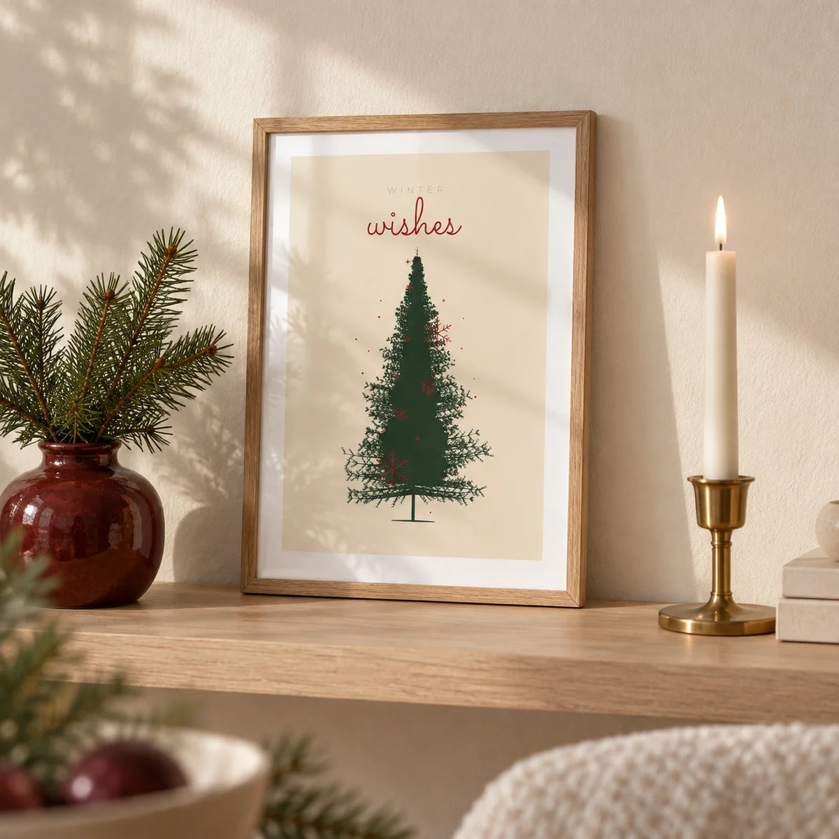 Christmas Tree Print, a small A4 framed print leaning on a pale oak shelf in a living room