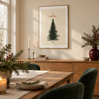 Christmas Tree Print, framed on the wall of a warm festive dining room with cream walls