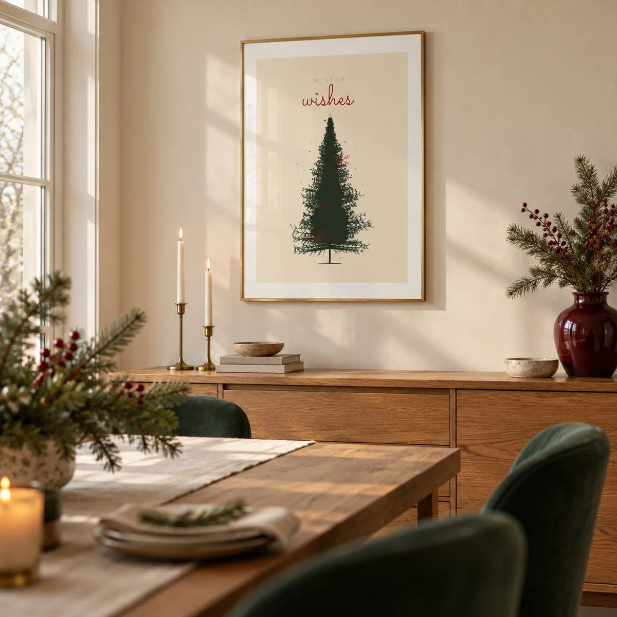 Christmas Tree Print, framed on the wall of a warm festive dining room with cream walls