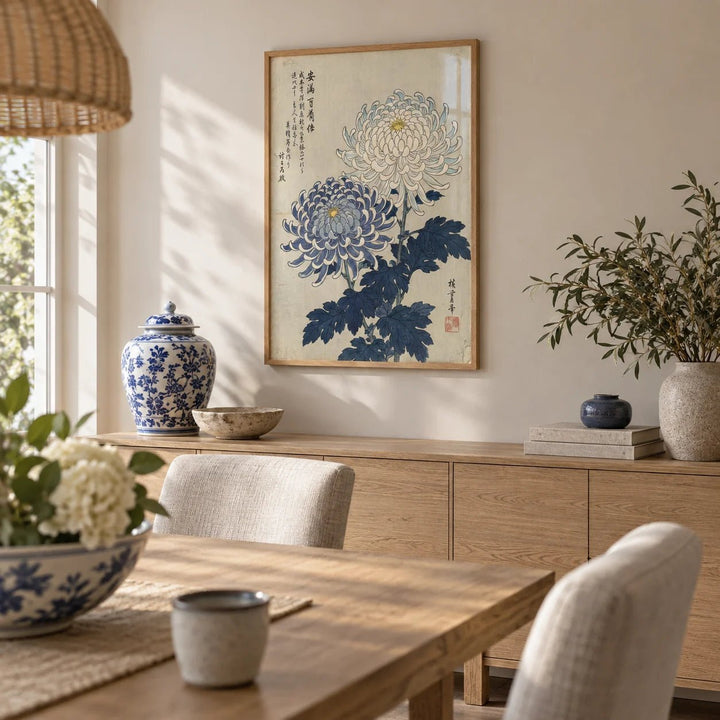 Chrysanthemum Art, framed on the wall of a calm dining room