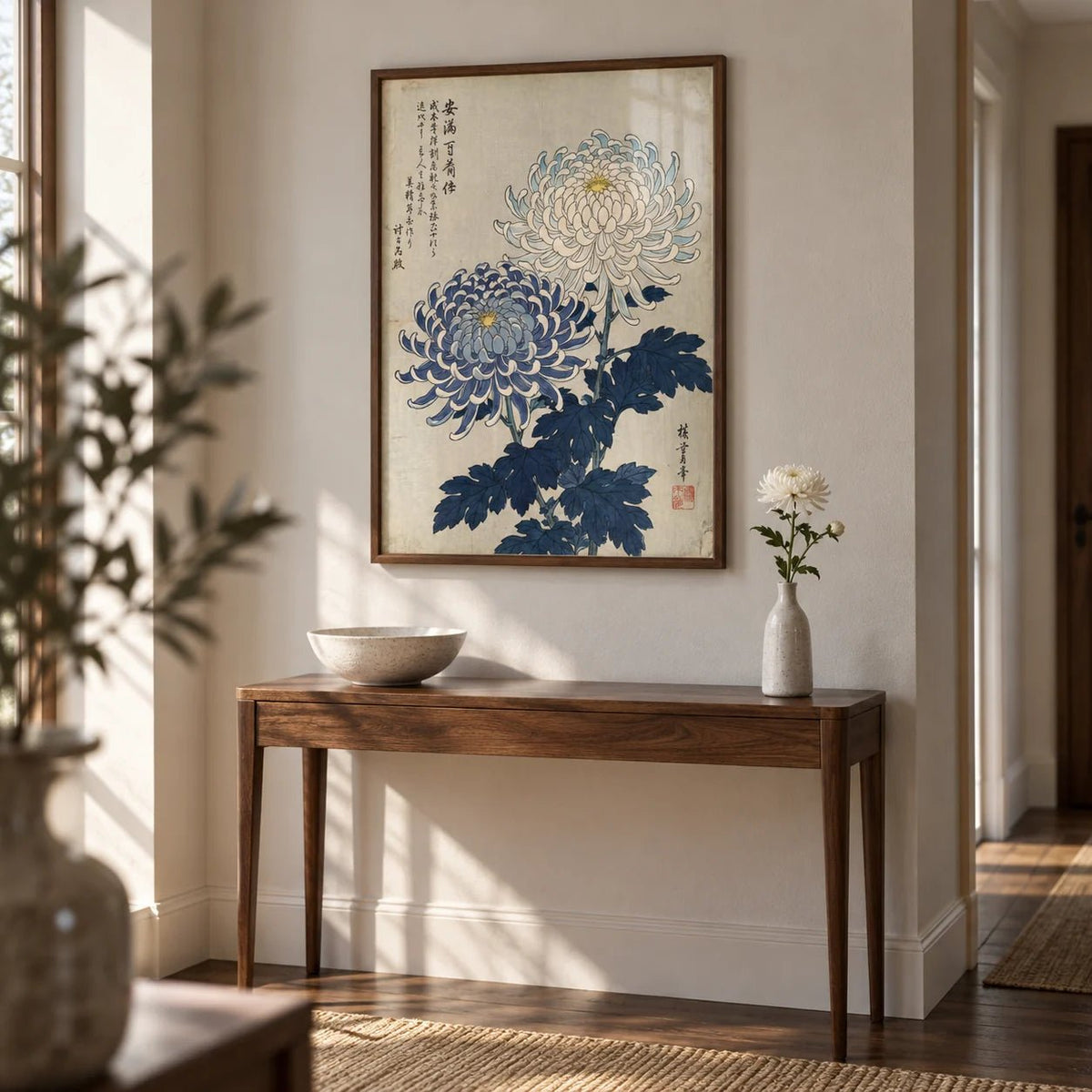 Chrysanthemum Art, framed on the wall of a quiet hallway