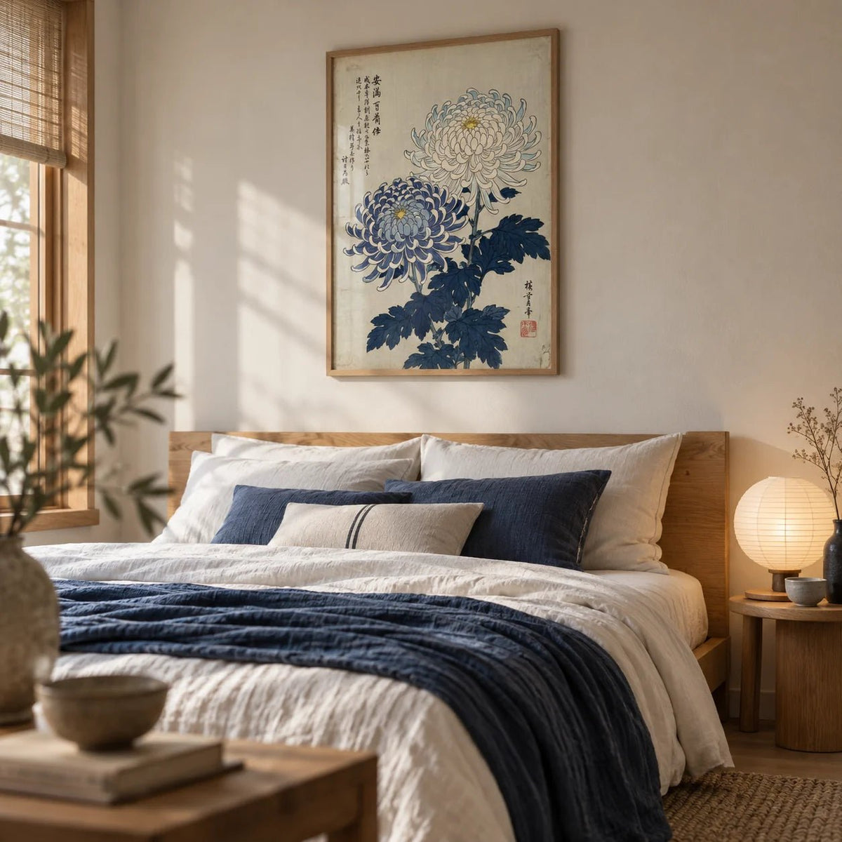 Chrysanthemum Art, framed on the wall of a serene Japandi bedroom