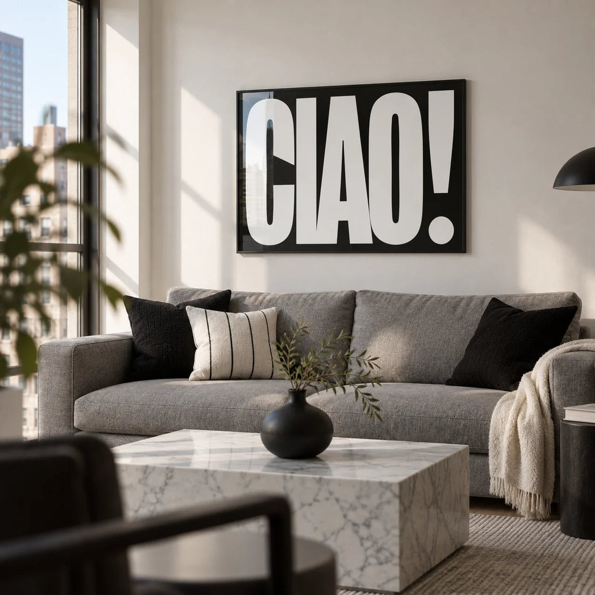 Ciao Poster, framed on the wall of a modern city-flat living room