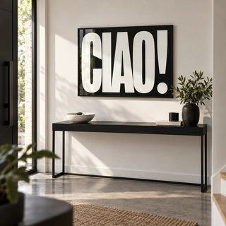 Ciao Poster, framed on the wall of a modern entrance hall by the front door