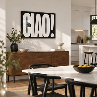 Ciao Poster, framed on the wall of a modern kitchen-diner