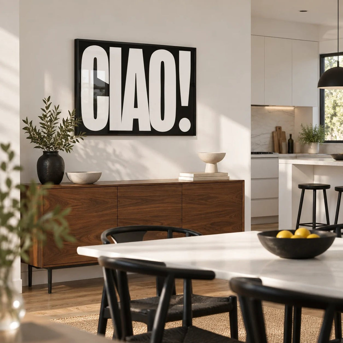 Ciao Poster, framed on the wall of a modern kitchen-diner