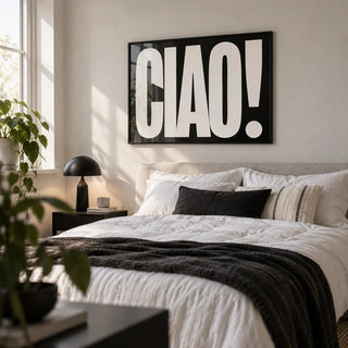 Ciao Poster, framed on the wall of a stylish young adult's bedroom in a first flat