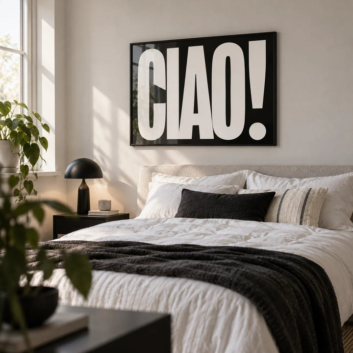 Ciao Poster, framed on the wall of a stylish young adult's bedroom in a first flat